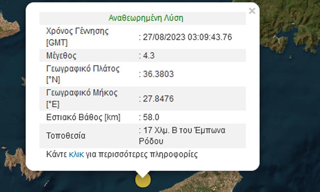 Σεισμική δόνηση 4,3 Ρίχτερ ανοιχτά της Ρόδου