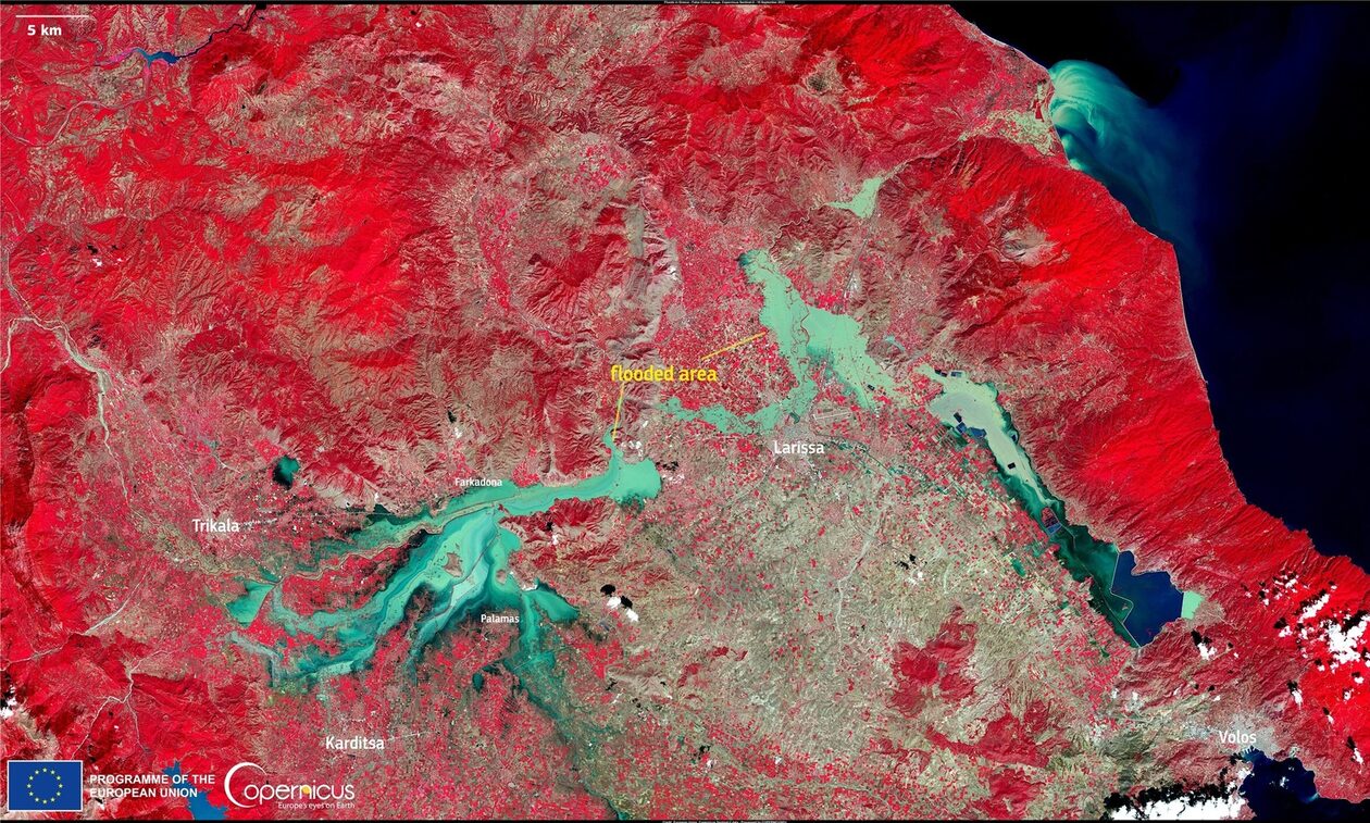 Copernicus: Νέα δορυφορική εικόνα αποκαλύπτει το μέγεθος της καταστροφής στη Θεσσαλία