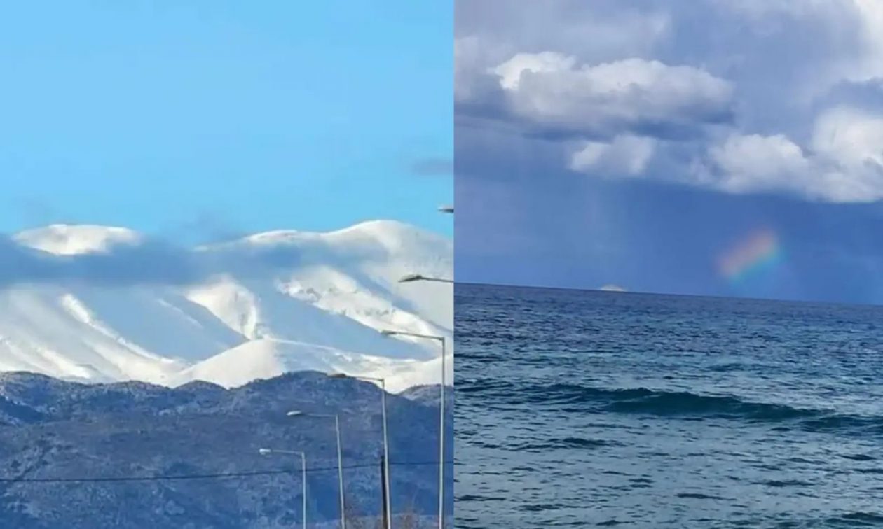 Χριστούγεννα στην Κρήτη: Χιόνι στα βουνά και ουράνιο τόξο στη θάλασσα – Εντυπωσιακές εικόνες