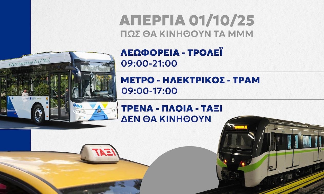 Απεργία 1η Οκτωβρίου: Πώς θα κινηθούν μετρό λεωφορεία, τρόλεϊ, τρένα και πλοία
