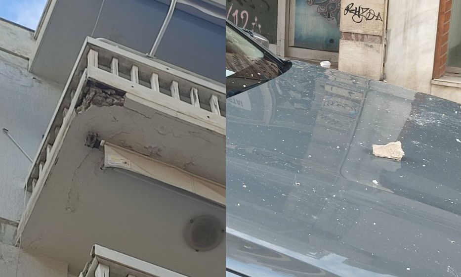Βόλος: «Έβρεξε» σοβάδες στο κέντρο της πόλης – Τμήμα μπαλκονιού αποκολλήθηκε και έπεσε πάνω σε ΙΧ